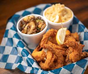 Fresh shrimp with Brussel sprouts and mac and cheese